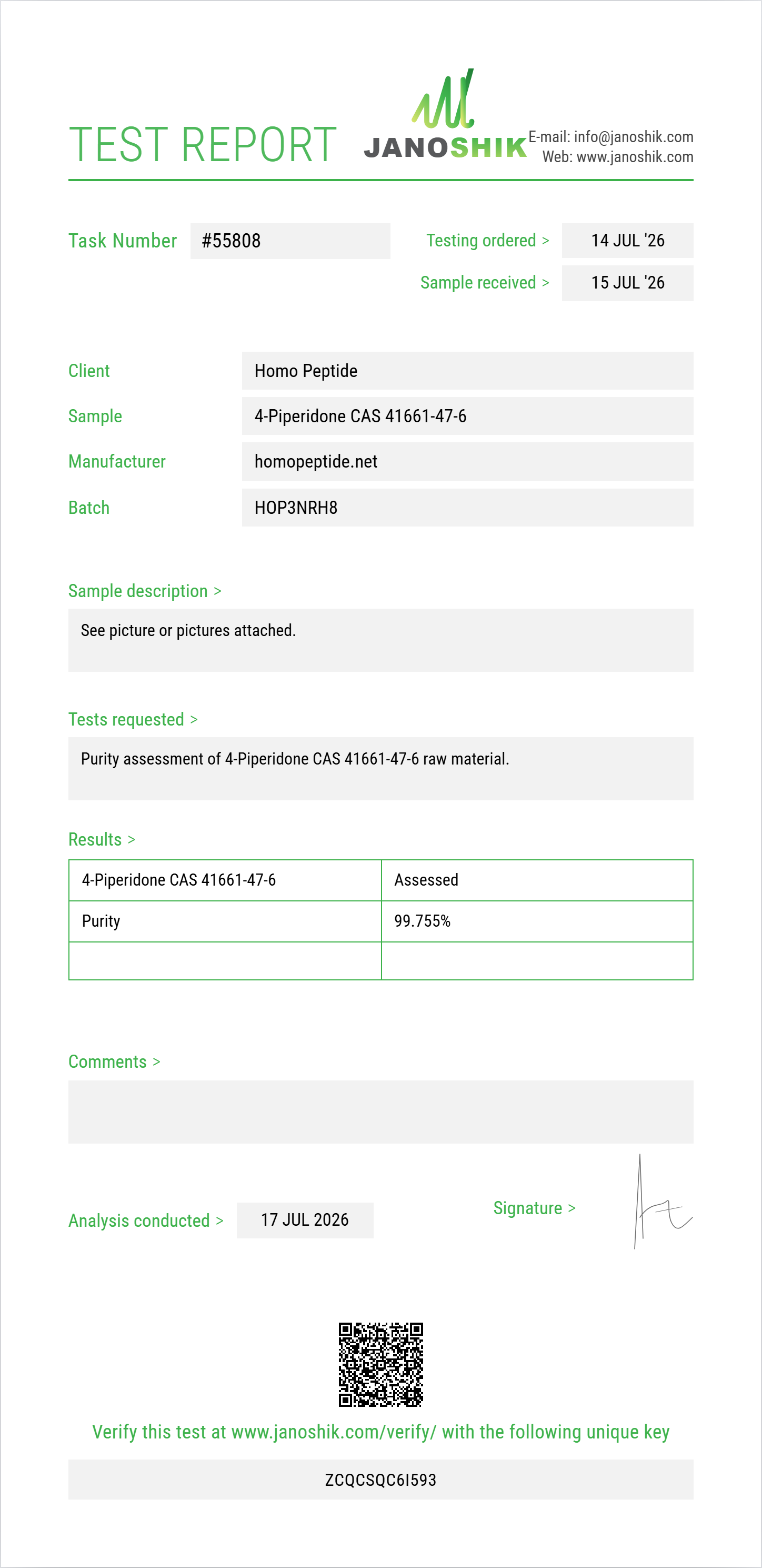 4-Piperidone CAS 41661-47-6 Purity (HPLC) report by Janoshik Analytical