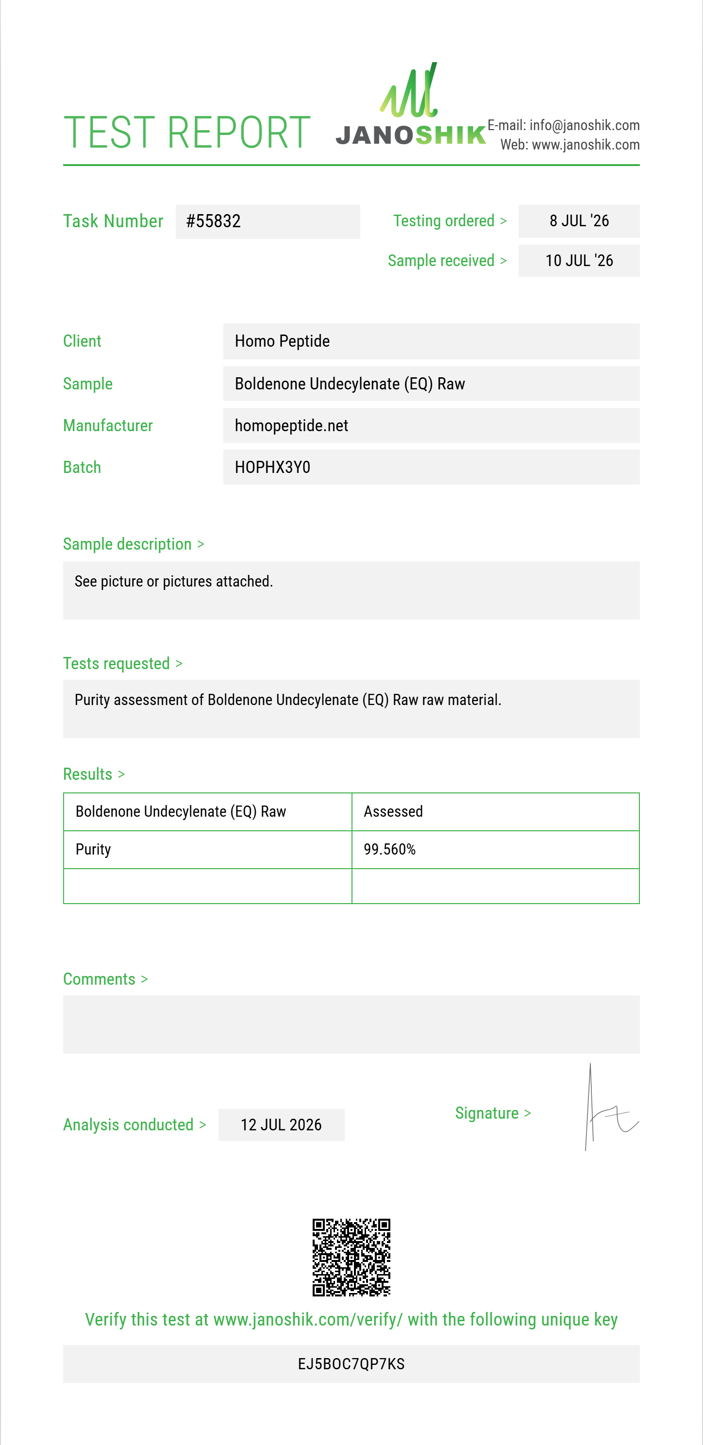 Boldenone Undecylenate (EQ) Raw Purity (HPLC) report by Janoshik Analytical
