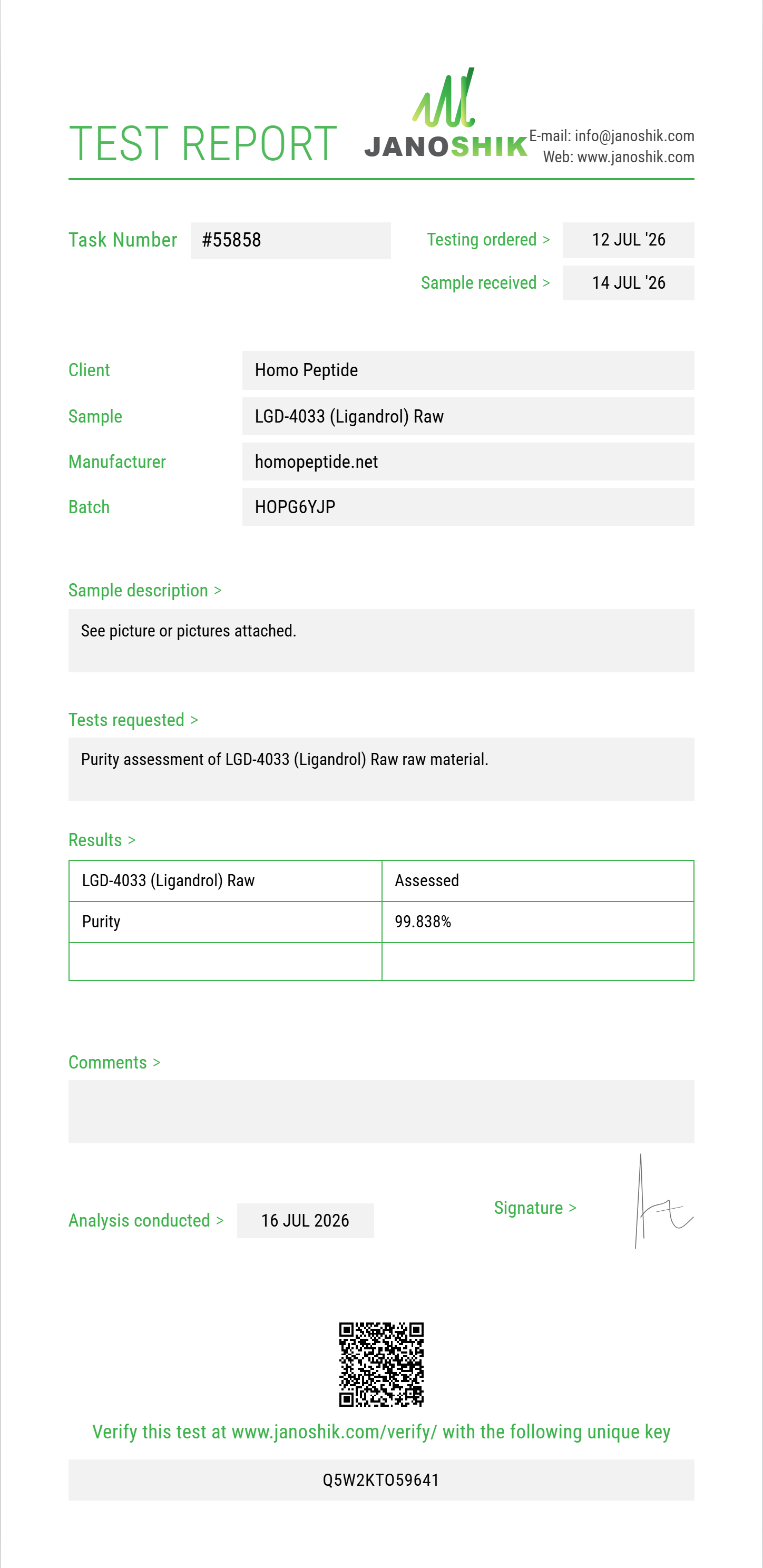 LGD-4033 (Ligandrol) Raw Purity (HPLC) report by Janoshik Analytical