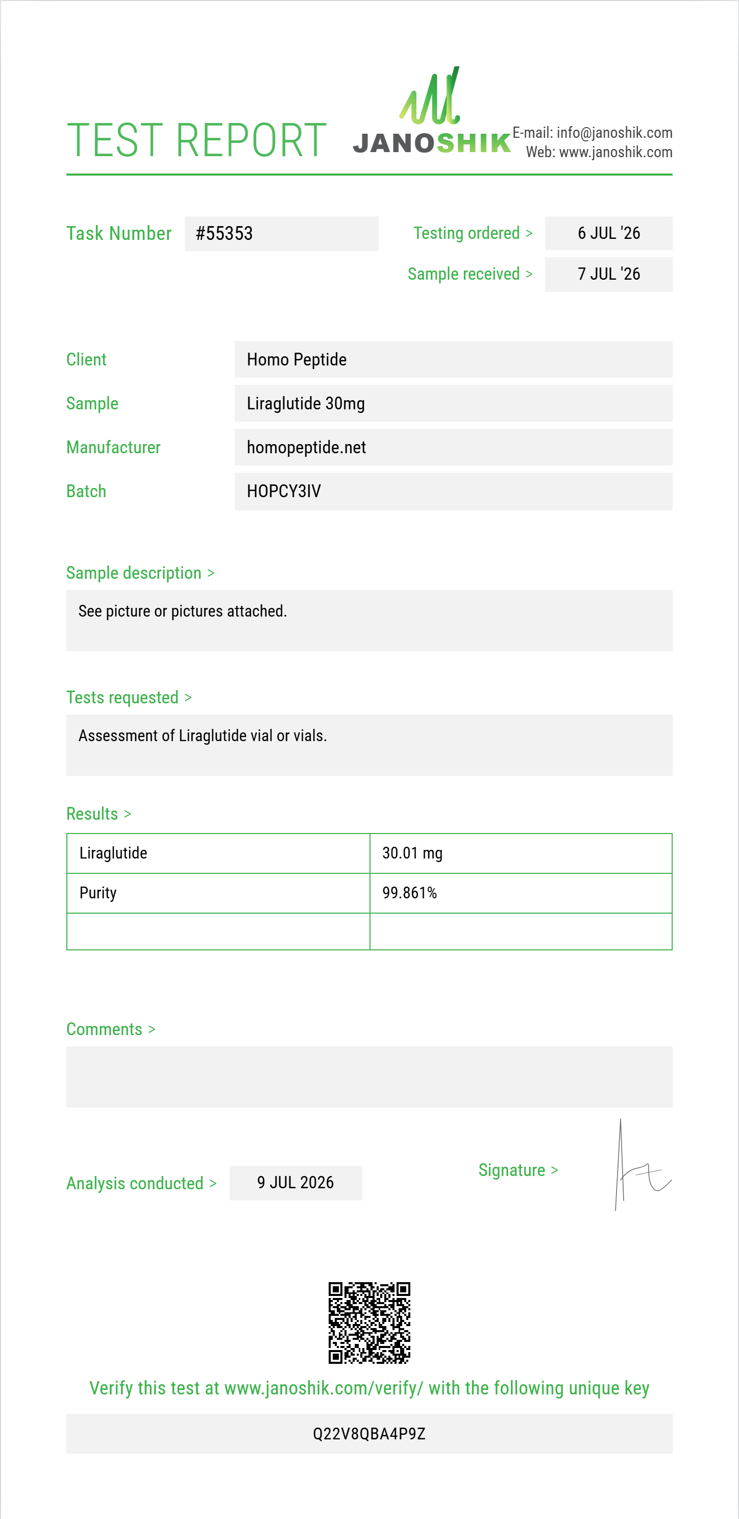 Liraglutide Purity (HPLC) report by Janoshik Analytical