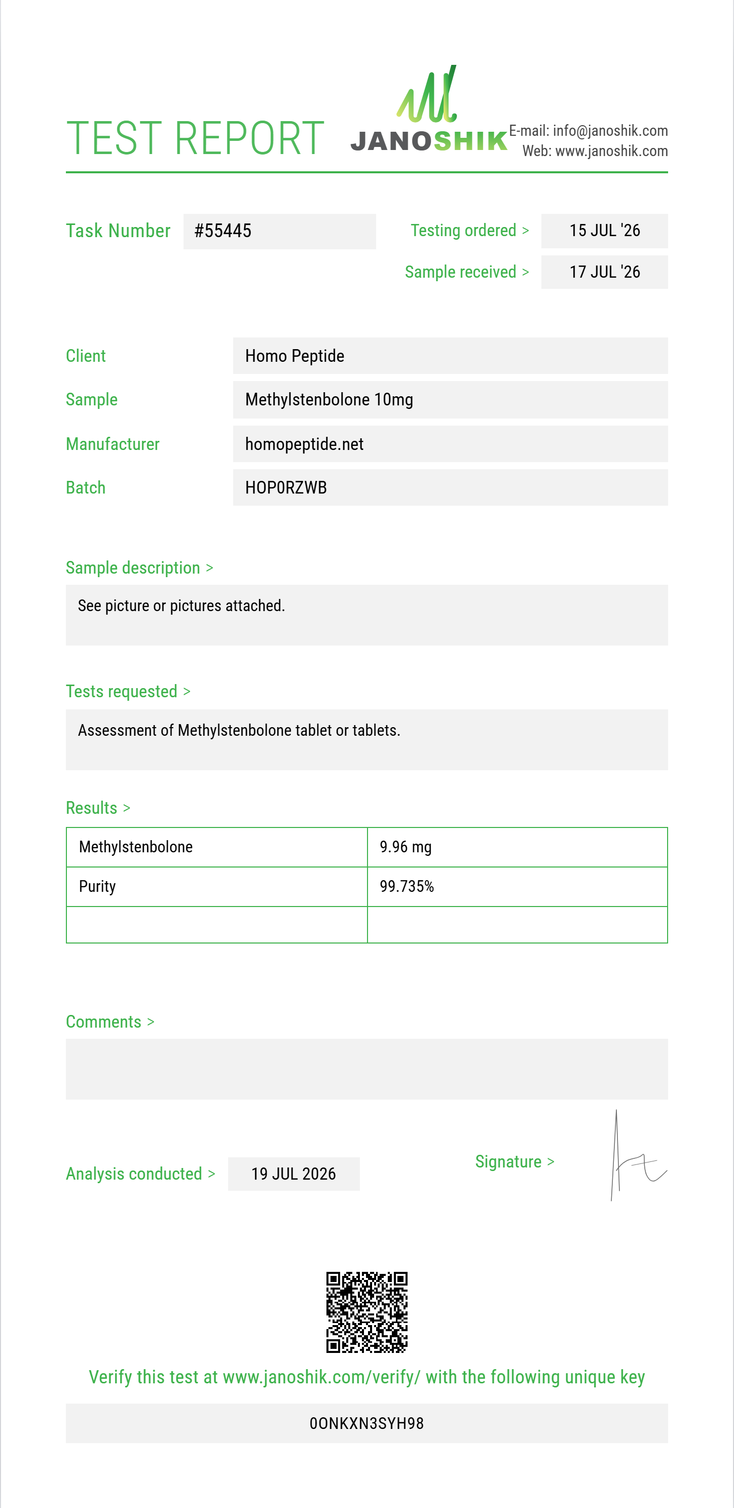 Methylstenbolone Purity (HPLC) report by Janoshik Analytical