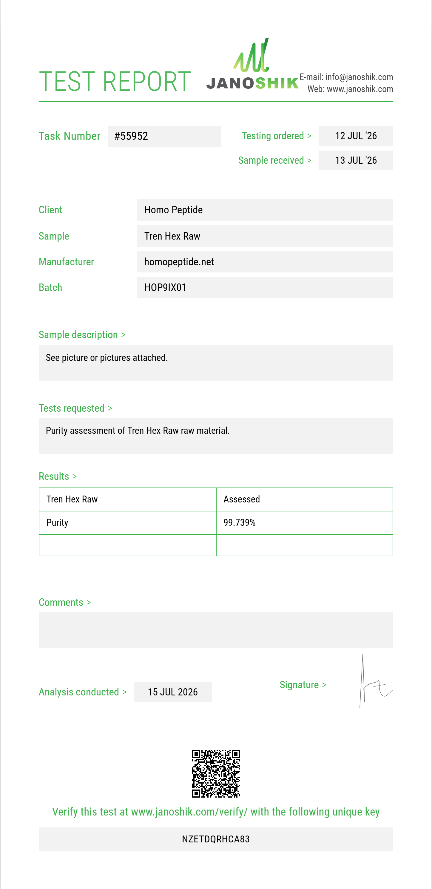 Tren Hex Raw Purity (HPLC) report by Janoshik Analytical