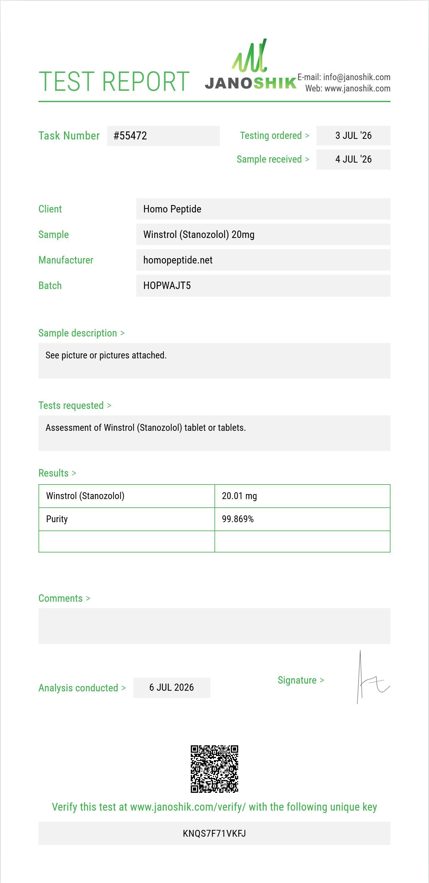 Winstrol (Stanozolol) Purity (HPLC) report by Janoshik Analytical