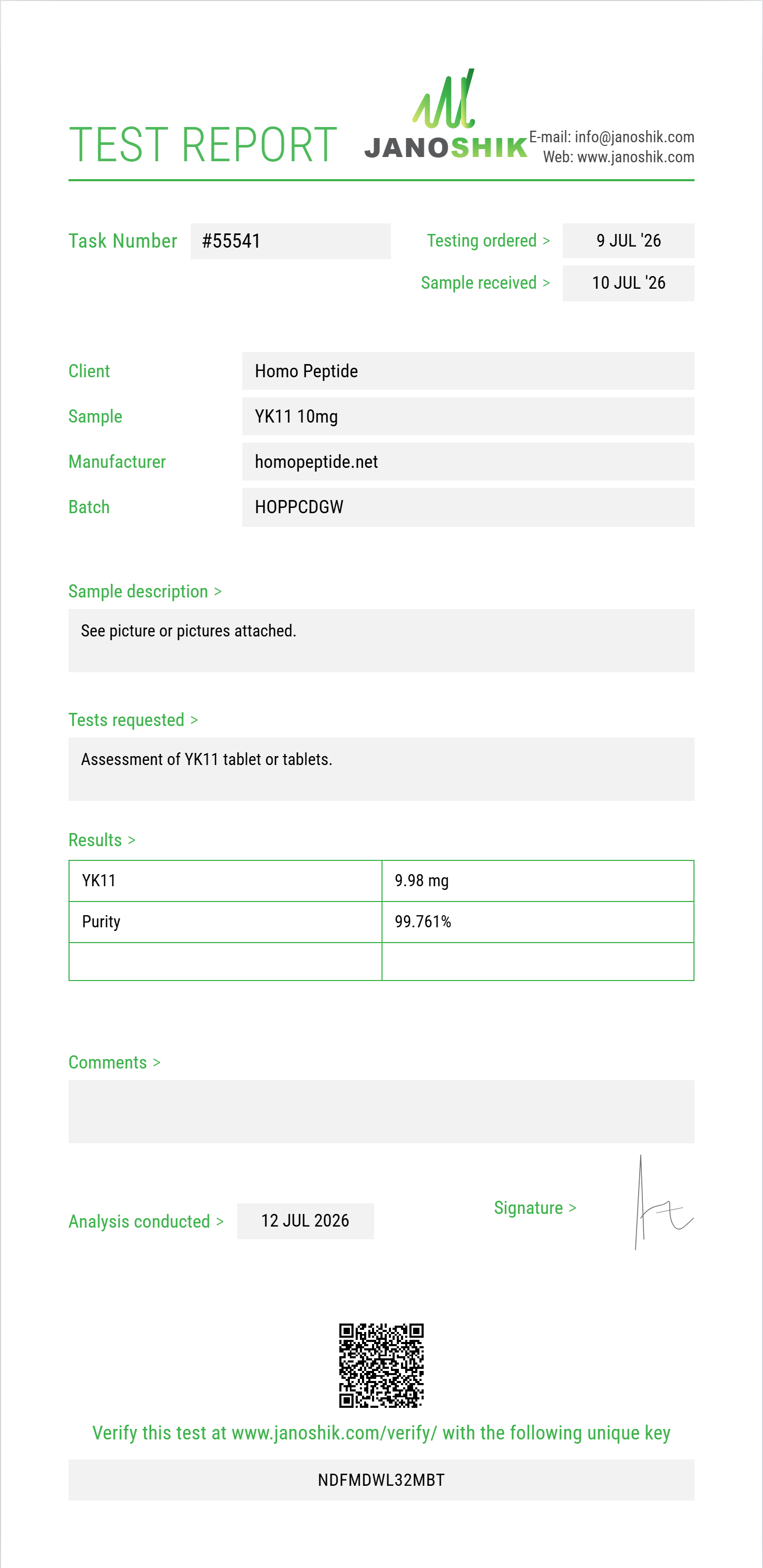 YK11 Purity (HPLC) report by Janoshik Analytical